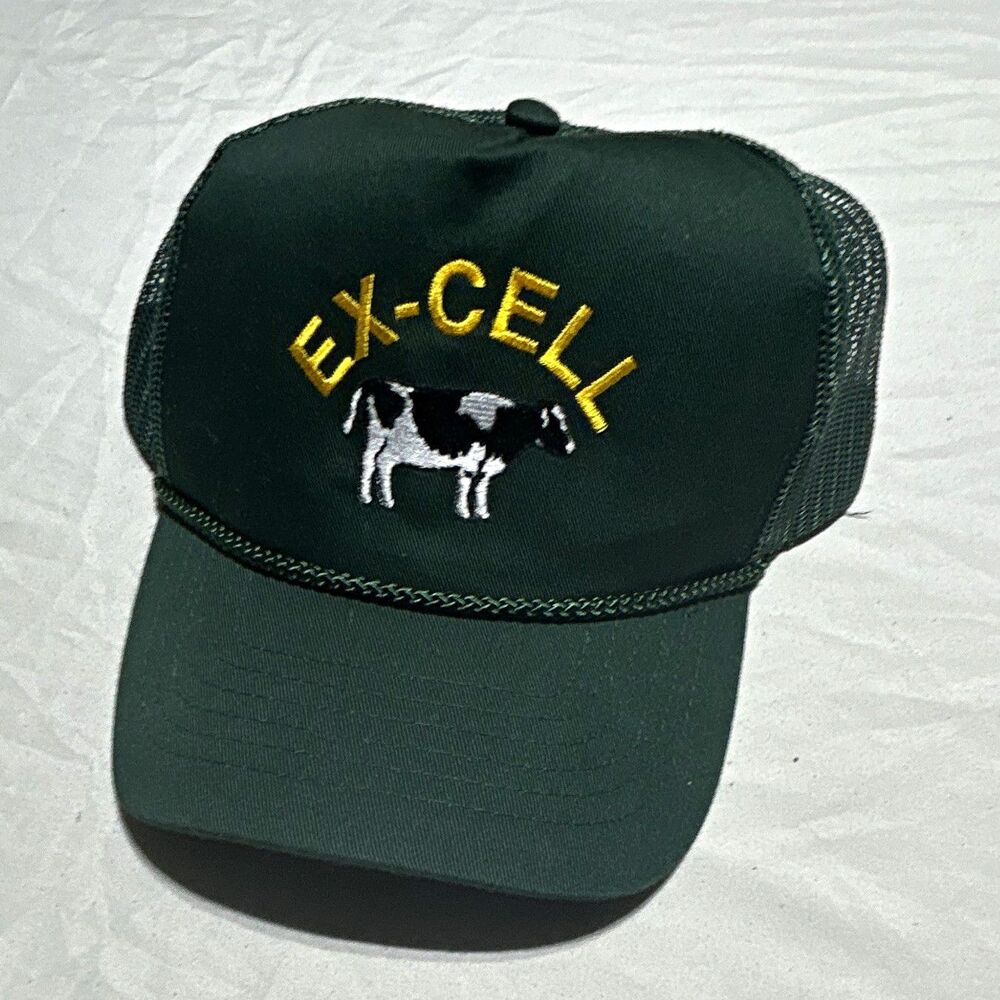 Vintage Style EX-CELL Dairy Cow Green Rope Trucker Hat Otto Snapback Cap OSFM
